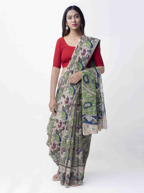 

Unnati Silks Green & Grey Pure Cotton Kalamkari Printed Kota Saree
