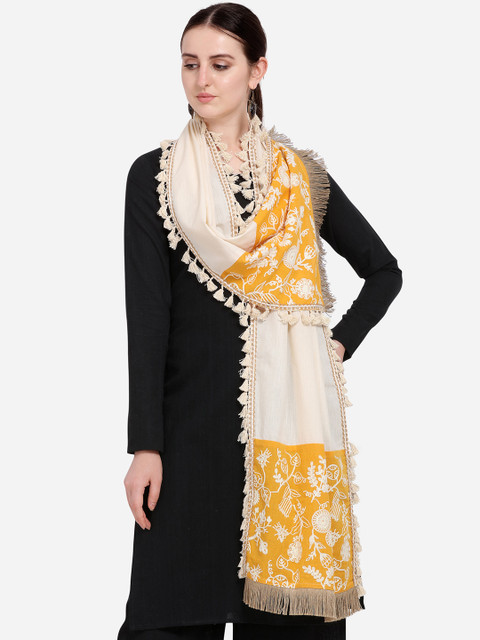 

Mesmora Women White & Yellow Embroidered Stole