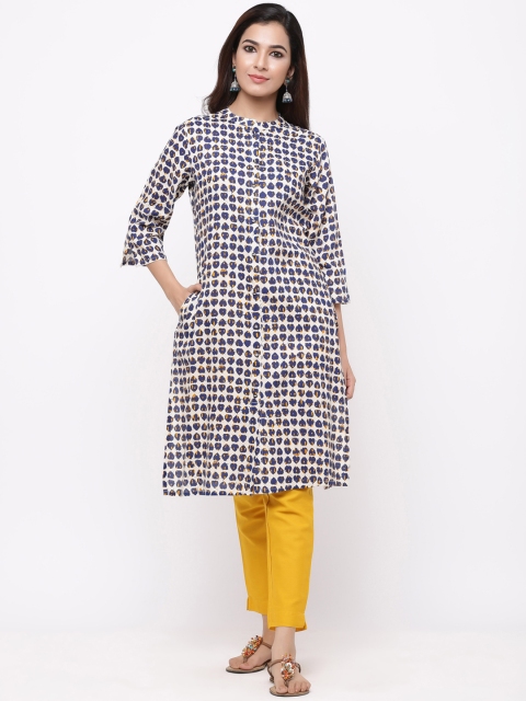 

Juniper Women Cream-Coloured & Navy Blue Printed A-Line Kurta