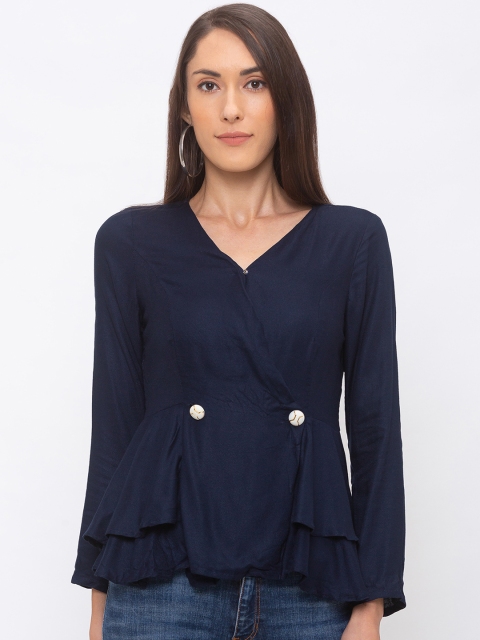 

Globus Women Navy Blue Solid Wrap Top
