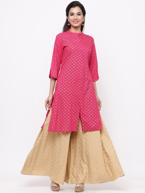 

Juniper Women Fuchsia Pink & Gold-Coloured Printed A-Line Kurta