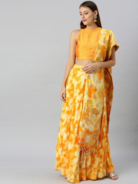 

AKS Yellow & White Tie & Dye Ready to Wear Lehenga & Blouse with Dupatta