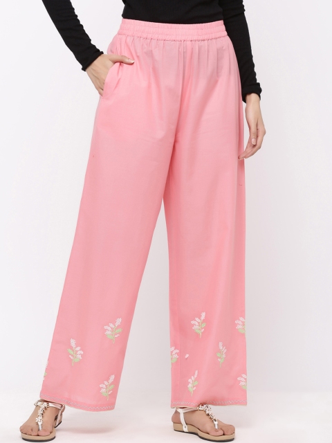 

Juniper Women Pink & Off-White Embroidered Wide Leg Palazzos