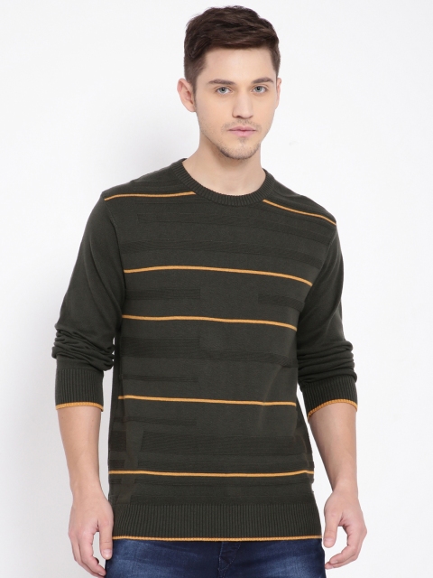 

t-base Men Olive Green & Yellow Striped Pullover Sweater