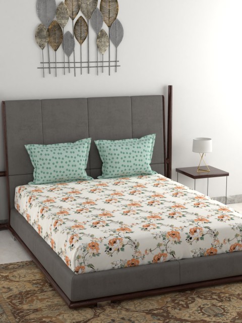 

Trident Orange & White Floral 144 TC Cotton 1 King Bedsheet with 2 Pillow Covers