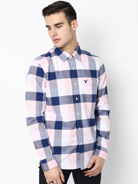 

AMERICAN EAGLE OUTFITTERS Men White & Navy Blue Slim Fit Checked Casual Shirt