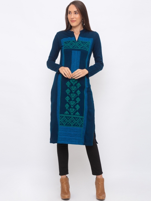 

Globus Women Navy Blue Woven Design Straight Kurta