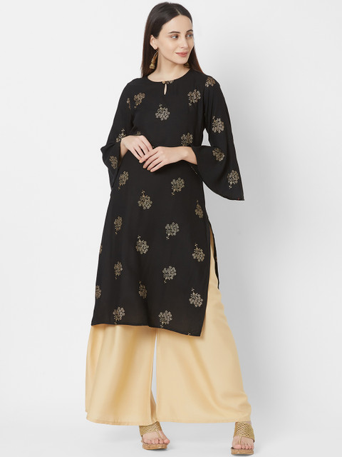 

Vedic Women Black & Gold-Coloured Printed Straight Kurta