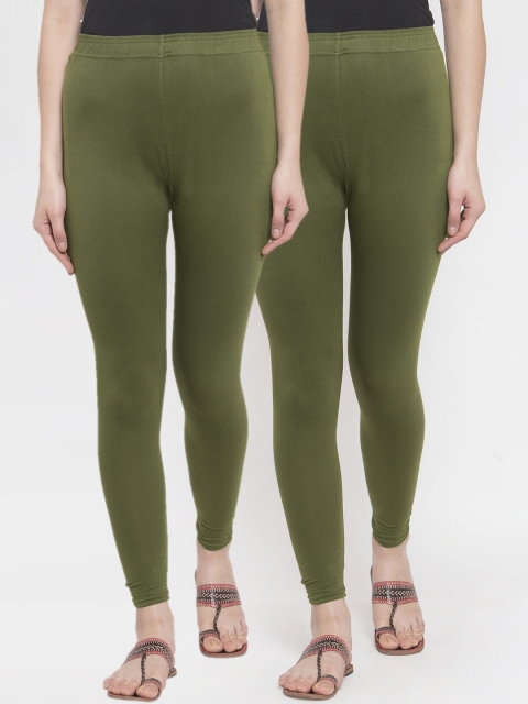 

TAG 7 Women Pack Of 2 Solid Olive Green Ankle-Length Leggings