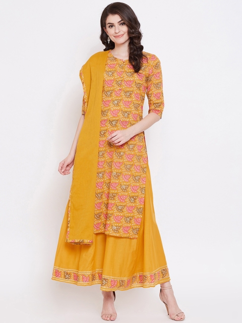 

Ishin DESIGNER STUDIO Women Mustard Printed Kurta with Sharara & Dupatta