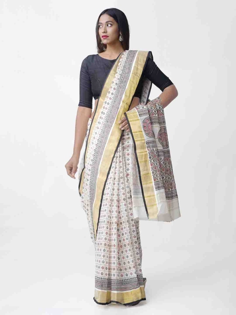 

Unnati Silks Cream-Coloured & Brown Pure Cotton Printed Kasavu Saree