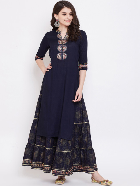 

Ishin DESIGNER STUDIO Women Navy Blue Embroidered Kurta with Sharara