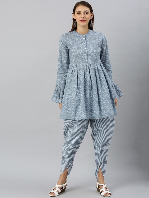

AKS Women Blue & White Bandhani Printed Kurta with Dhoti Pants