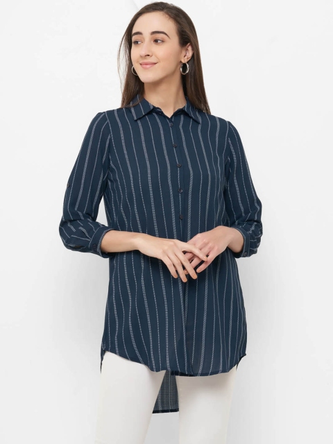 

109F Women Navy Blue & White Regular Fit Striped Casual Shirt