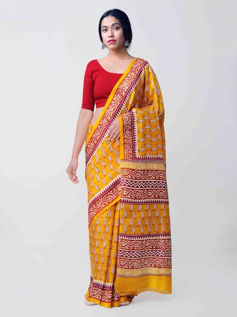 

Unnati Silks Yellow Pure Handloom Tussar Silk Saree with Block Prints