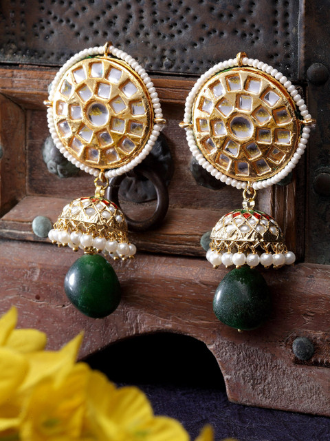 

DUGRISTYLE Green & White Dome Shaped Jhumkas