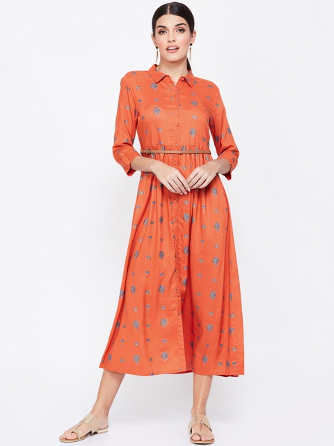 

Colour Me by Melange Women Coral Orange & Blue Floral Printed Shirt Dress