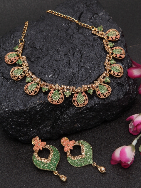 

DUGRISTYLE Gold-Plated Green & Orange Stone-Studded Meenakari Handcrafted Jewellery Set
