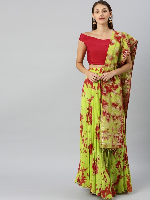 

AKS Green & Red Tie & Dye Ready to Wear Lehenga & Blouse with Dupatta
