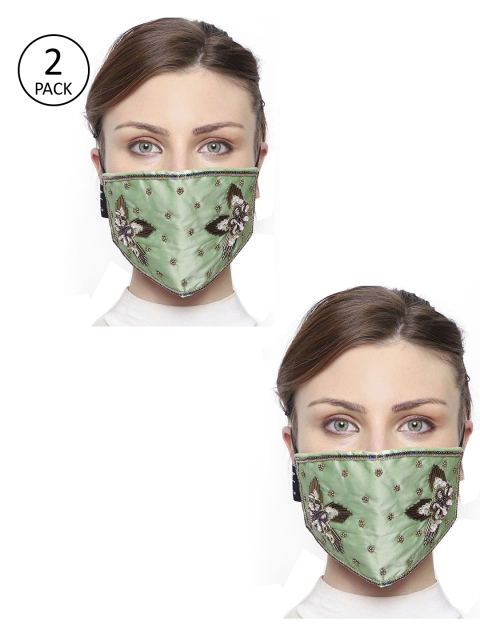

Anekaant Women Pack of 2 Green & Gold-Toned 3-Ply Art Silk Embellished Cloth Masks