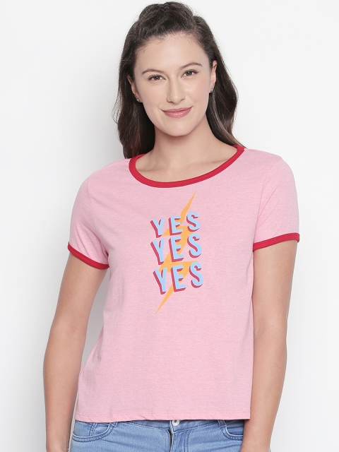 

Honey by Pantaloons Women Pink Blue Printed Round Neck Pure Cotton T-shirt