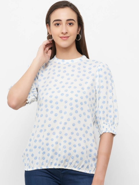 

109F White & Blue Polka Dots Printed Bishop Sleeves Blouson Top