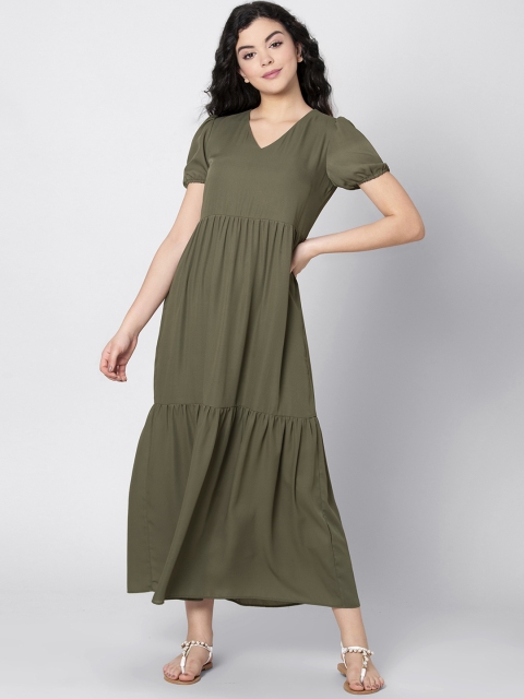 FabAlley Women Olive Green Solid Maxi Dress