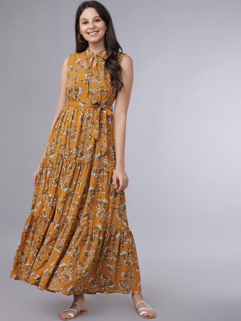 

Mumbai Slang Chic Women Mustard Yellow & Off-White Printed Maxi Dress