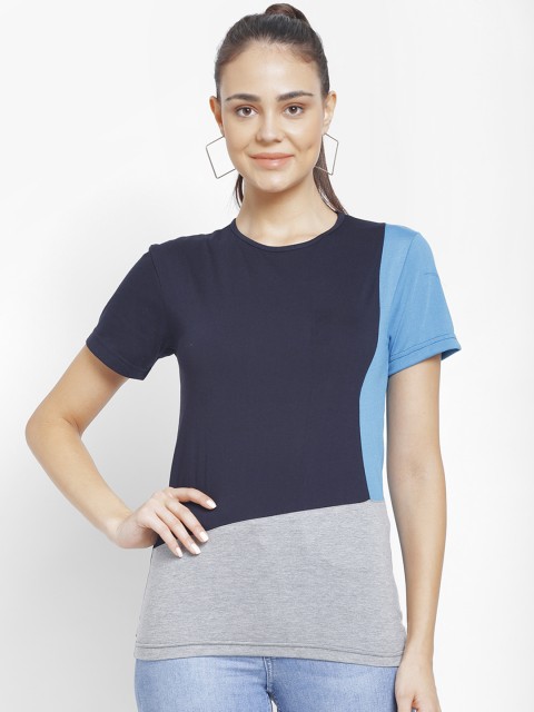 

VIMAL JONNEY Women Navy Blue & Grey Colourblocked Round Neck T-shirt
