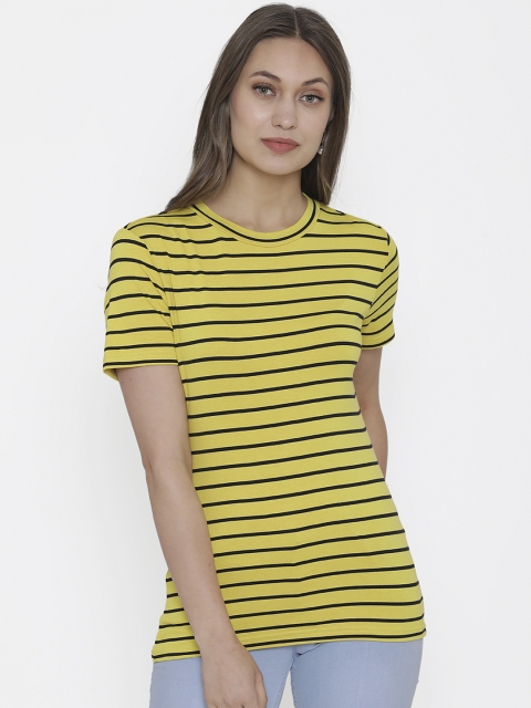 

DOOR74 Women Yellow & Black Striped Round Neck T-shirt