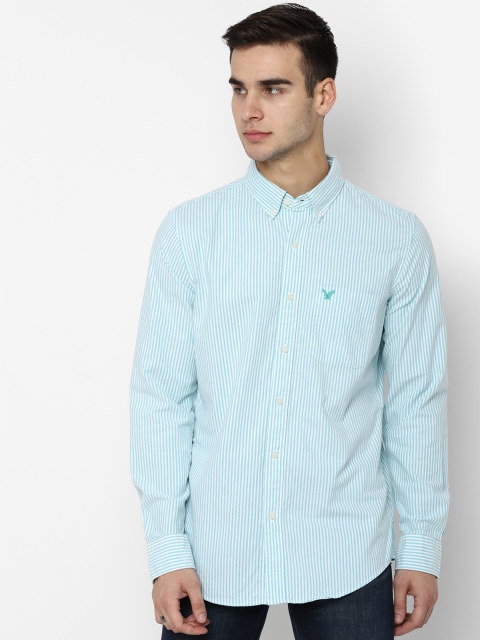 

AMERICAN EAGLE OUTFITTERS Men Turquoise Blue & White Slim Fit Striped Casual Shirt