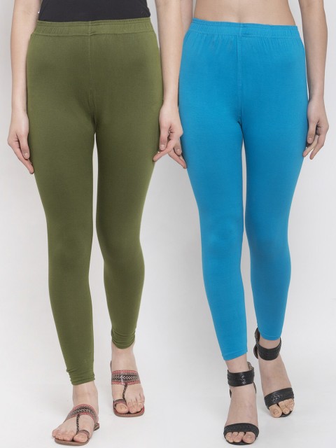 

TAG 7 Women Pack Of 2 Blue & Olive Green Solid Ankle-Length Leggings