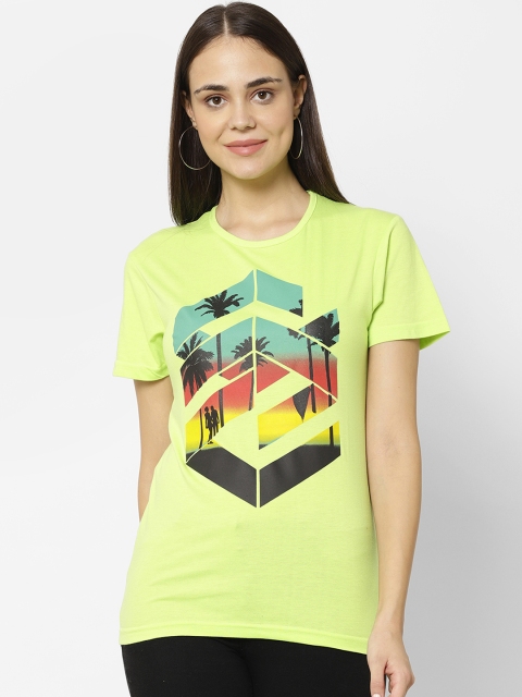

VIMAL JONNEY Women Lime Green Printed Round Neck Knitted Pure Cotton T-shirt