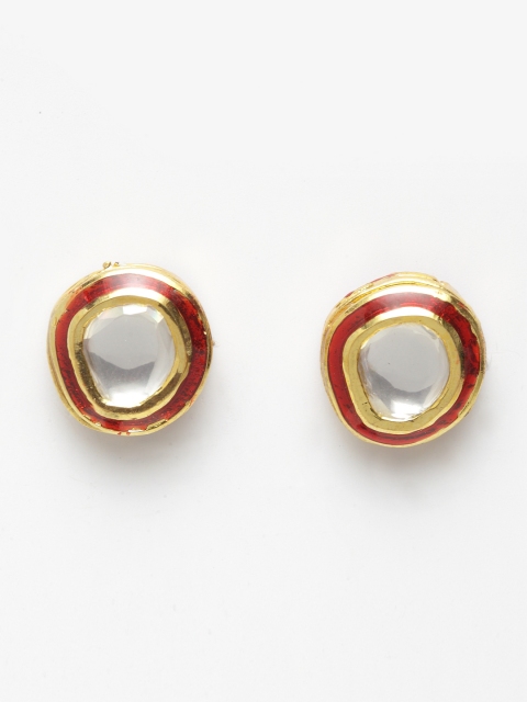 

DUGRISTYLE Gold-Plated & Red Circular Kundan Studded Sterling Silver Studs