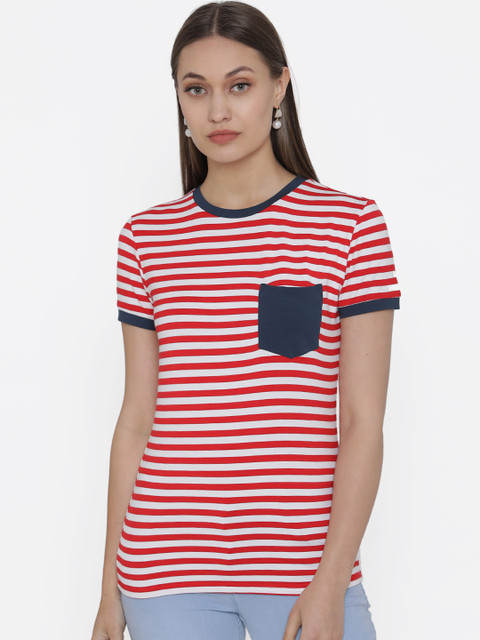 

DOOR74 Women Red Striped Round Neck T-shirt