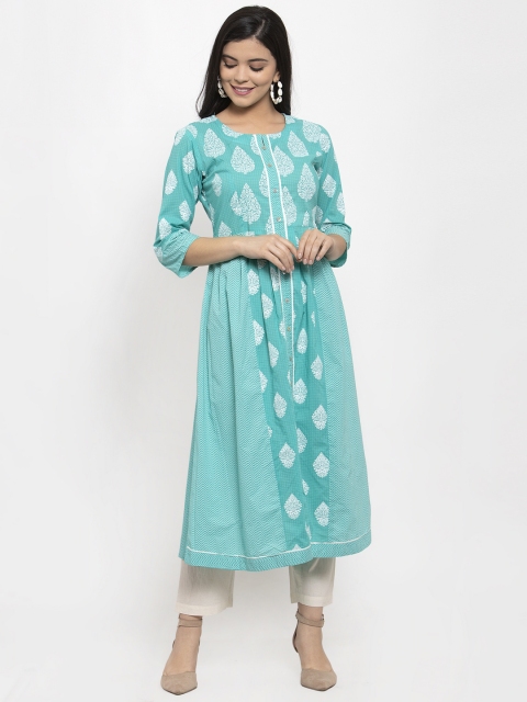 

Aujjessa Women Sea Green & White Printed A-Line Kurta