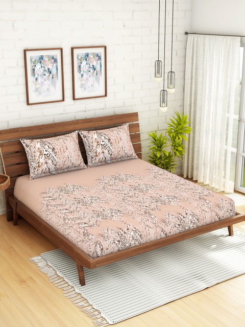 

SPACES Coral Pink & Black Abstract 180 TC Cotton 1 King Bedsheet with 2 Pillow Covers