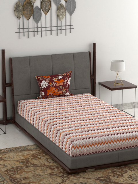 

Trident Cream-Coloured & Brown Geometric 120 TC Cotton 1 Single Bedsheet with 1 Pillow Covers
