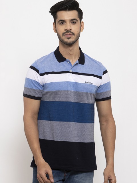 

Rodamo Men Grey & Blue Striped Polo Collar T-shirt
