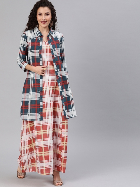 

AKS Women Red Checked Maxi Dress With Shirt