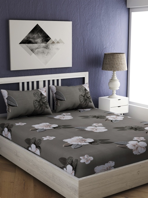 

EverHOME Grey Floral 144 TC Cotton 1 King Bedsheet with 2 Pillow Covers
