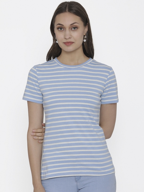

DOOR74 Women Blue Striped Round Neck T-shirt