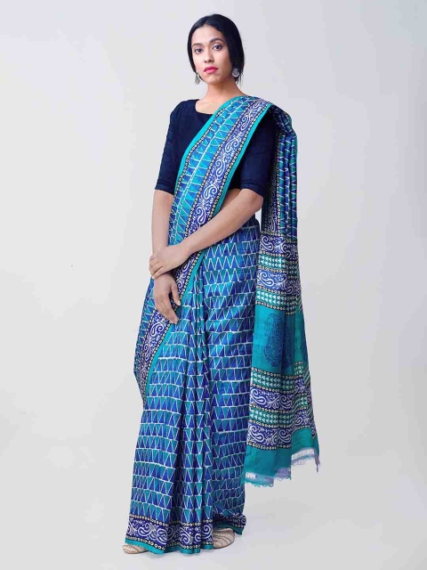 

Unnati Silks Blue Pure Silk Printed Tussar Saree