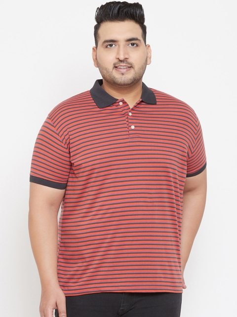 

bigbanana Plus Size Men Red Grey Striped Polo Collar T-shirt