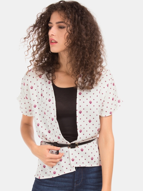 

Cherokee Women White & Pink Printed Open Front Shrug