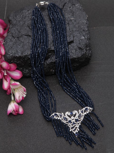 

DUGRISTYLE Navy Blue & Silver Blue Sapphire Tasselled Necklace