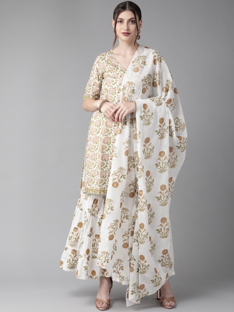 

AKS Women White & Olive Green Printed Kurta with Sharara