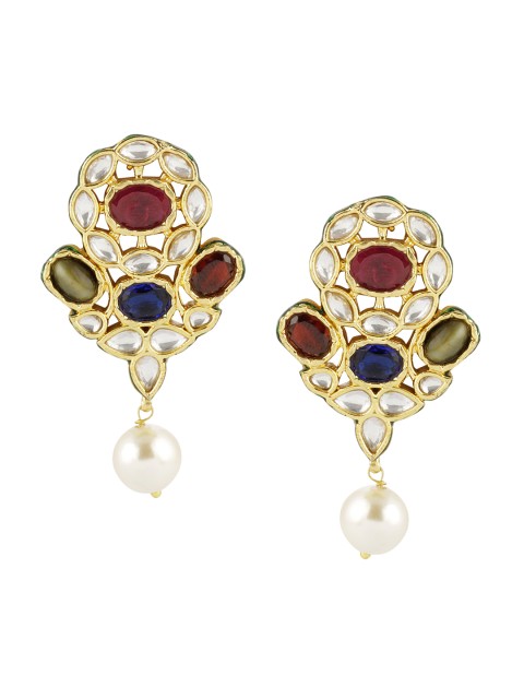 

DUGRISTYLE Gold-Plated & Maroon Classic Drop Navratana Earrings