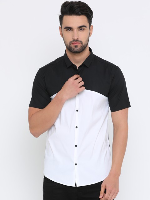 

WITH Men Black & White Slim Fit Colourblocked Casual Shirt