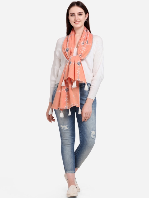 

Mesmora Women Peach-Coloured & Grey Embroidered Stole